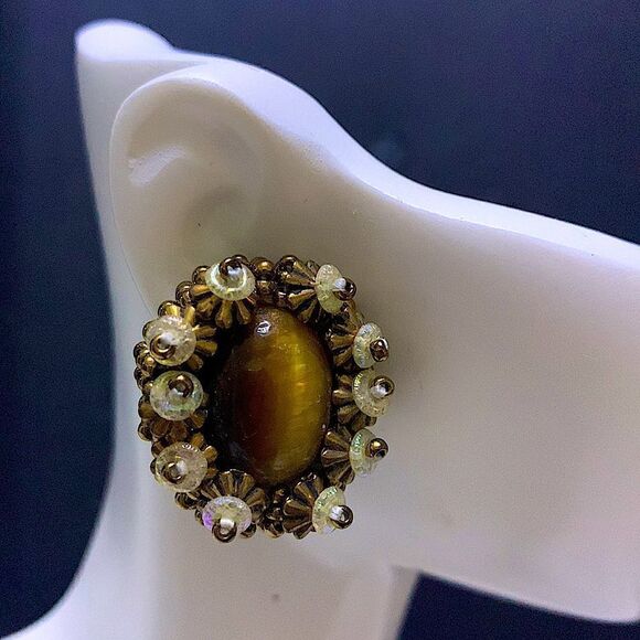Vintage artist made tiger eye beaded detailed 1” pierced earrings new old stock - Picture 7 of 11